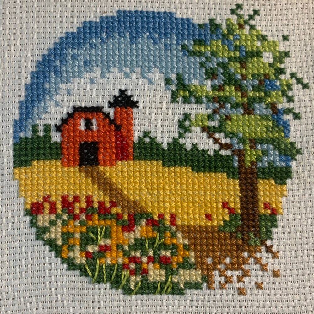 vintage handmade cross stitch rural red barn landscape finished preworked 5x5